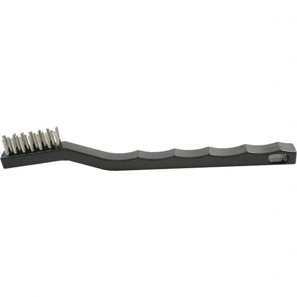 Brush Research Mfg. - 2 Rows x 7 Columns Stainless Steel Scratch Brush - 1/2" Brush Length, 7-1/4" OAL, 1/2 Trim Length, Plastic Curved Back Handle - A1 Tooling