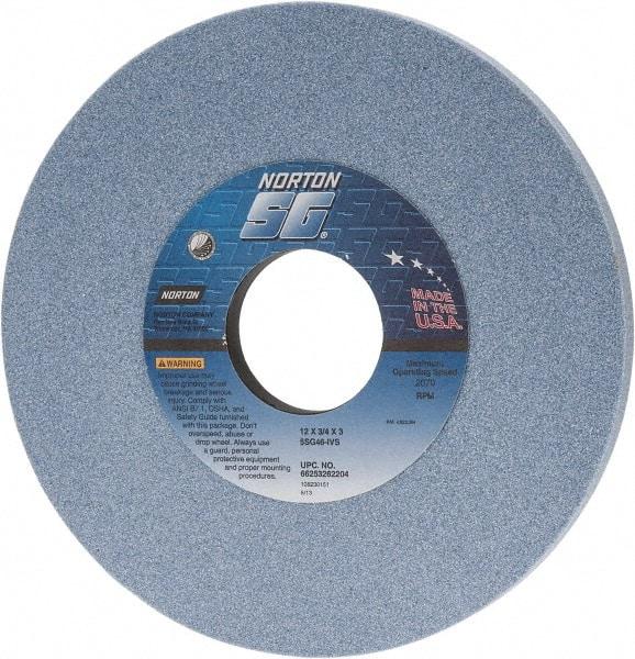 Norton - 12" Diam x 3" Hole x 3/4" Thick, I Hardness, 46 Grit Surface Grinding Wheel - Ceramic, Type 1, Coarse Grade, 2,070 Max RPM, Vitrified Bond, No Recess - A1 Tooling