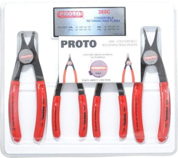 Proto - 4 Piece, 3/8 to 2" Bore, 1/4 to 2" Shaft, Convertible Retaining Ring Pliers Set - 0.038 to 0.07" Tip Diam Range - A1 Tooling