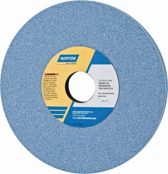 Norton - 7" Diam x 1-1/4" Hole x 1/2" Thick, L Hardness, 60 Grit Surface Grinding Wheel - Ceramic, Type 1, Medium Grade, 3,600 Max RPM, Vitrified Bond, No Recess - A1 Tooling