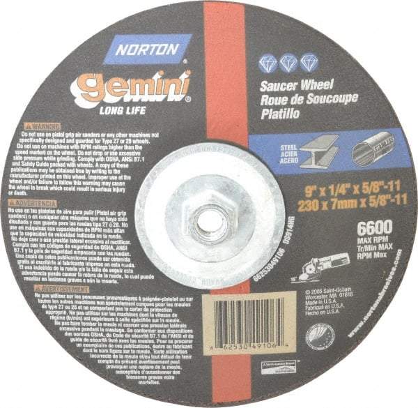 Norton - 24 Grit, 9" Wheel Diam, 1/4" Wheel Thickness, Type 28 Depressed Center Wheel - Aluminum Oxide, 6,600 Max RPM, Compatible with Angle Grinder - A1 Tooling