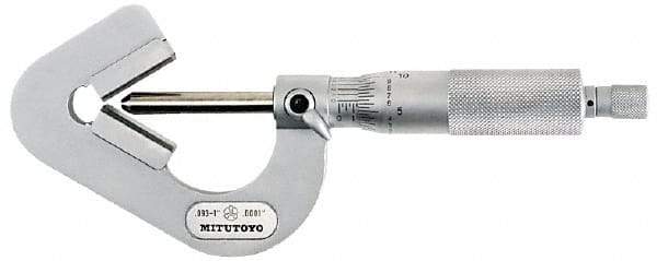 Mitutoyo - 0.05 to 0.6 Inch Measurement, 0.001 Inch Graduation, Accuracy Up to 0.0002 Inch, 3 Flutes Measured, Ratchet Stop Thimble, Mechanical V Anvil Micrometer - 6.35mm Spindle Diameter, Carbide, 23.46mm Throat Depth - A1 Tooling