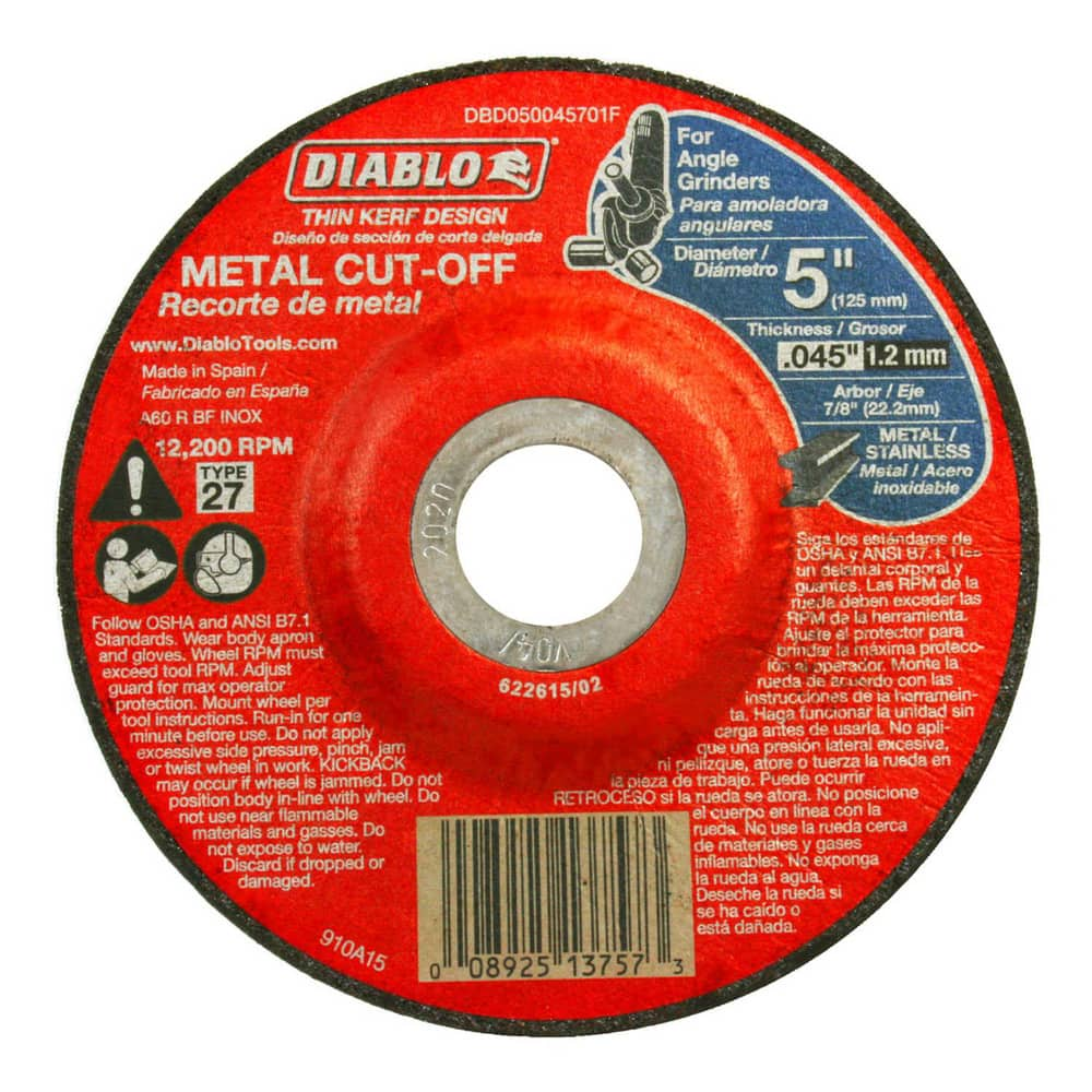 Cutoff Wheels; Wheel Type Number: Type 27; Wheel Diameter (Inch): 5; Wheel Thickness (Decimal Inch): 0.0450; Hole Size: 7/8; Abrasive Material: Premium Aluminum Oxide Blend; Maximum Rpm: 12200.000; Hole Shape: Round; Wheel Color: Red