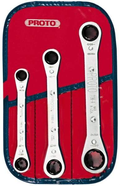 Proto - 3 Piece, 3/8" to 11/16", 12 Point Ratcheting Box Wrench Set - Inch Measurement Standard, Chrome Finish, Comes in Pouch - A1 Tooling