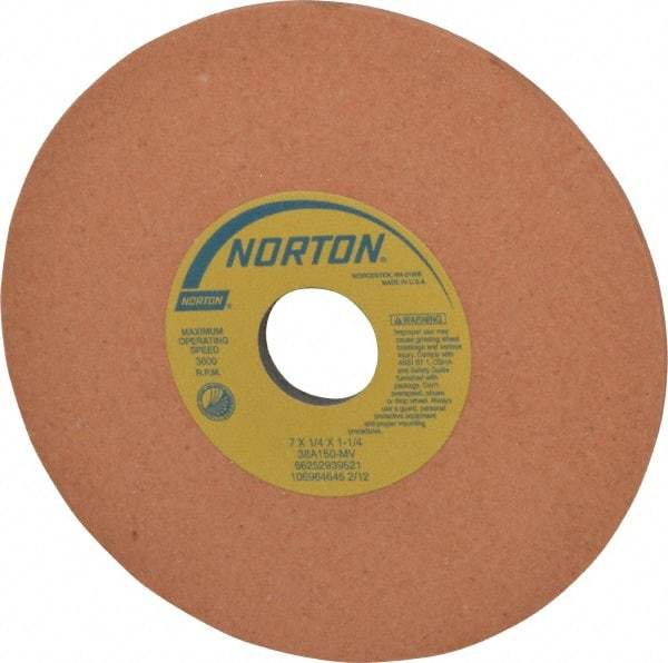 Norton - 7" Diam x 1-1/4" Hole x 1/4" Thick, M Hardness, 150 Grit Surface Grinding Wheel - Aluminum Oxide, Type 1, Very Fine Grade, 3,600 Max RPM, Vitrified Bond, No Recess - A1 Tooling