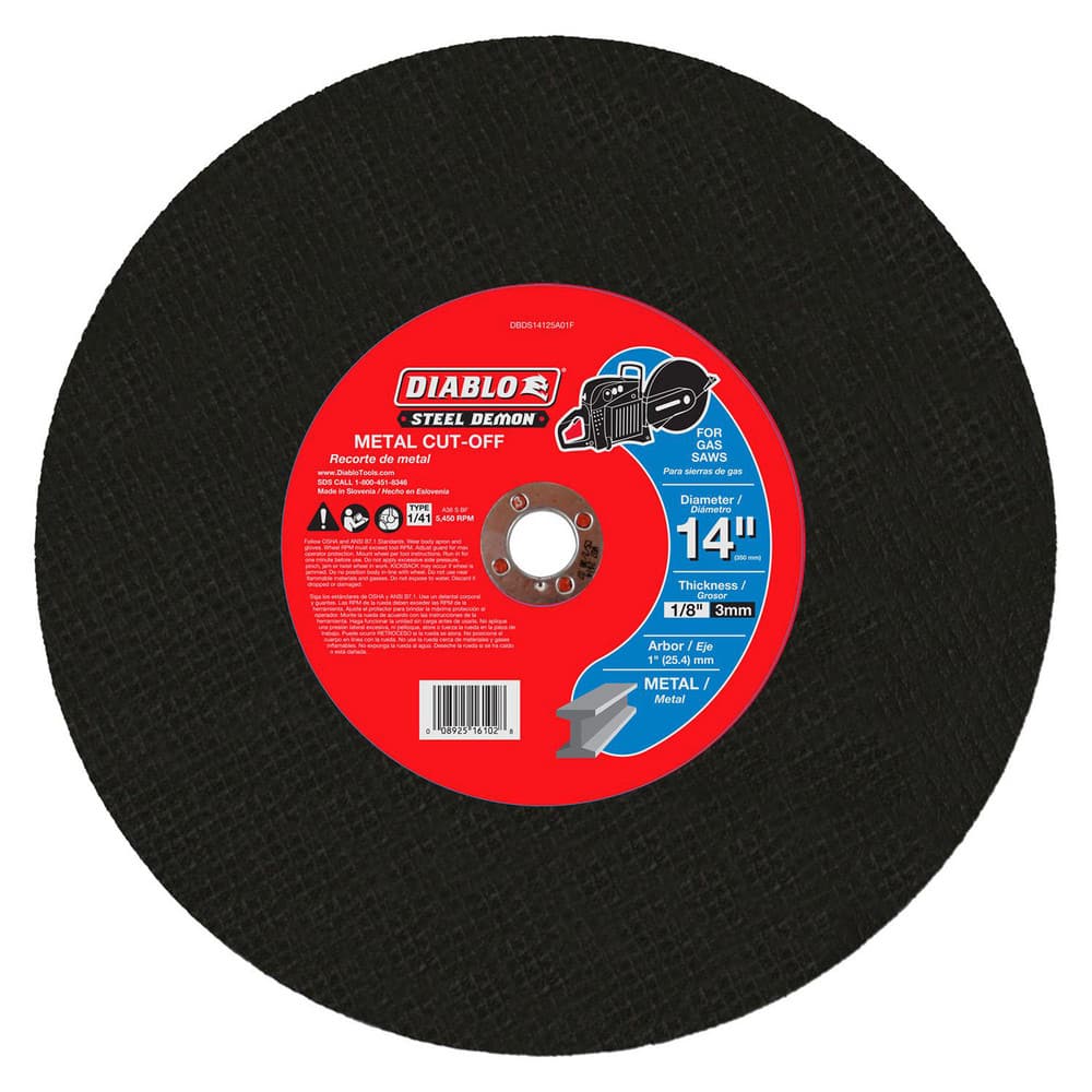 Cutoff Wheels; Wheel Type Number: Type 01/41; Wheel Diameter (Inch): 14; Wheel Thickness (Inch): 1/8; Hole Size: 1; Abrasive Material: Premium Ceramic Blend; Maximum Rpm: 5450.000; Hole Shape: Round; Wheel Color: Black