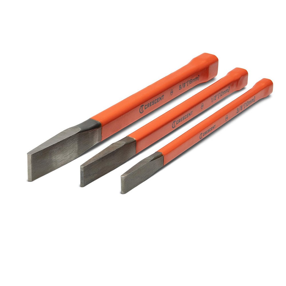 Chisel Sets; Tool Type: Cold Chisel Set; Body Material: Steel; Number of Pieces: 3.000; Includes: 1/2″, 3/4″, 1″; Number Of Pieces: 3; Overall Length (Inch): 8.200; Container Type: Carded; Handle Material: Alloy Steel; Overall Length: 8.200; Set Type: Col