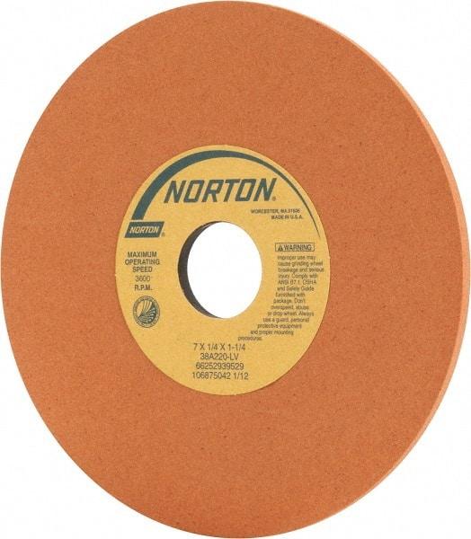 Norton - 7" Diam x 1-1/4" Hole x 1/4" Thick, L Hardness, 220 Grit Surface Grinding Wheel - Aluminum Oxide, Type 1, Very Fine Grade, 3,600 Max RPM, Vitrified Bond, No Recess - A1 Tooling