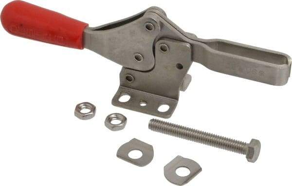 De-Sta-Co - 600 Lb Holding Capacity, Horizontal Handle, Manual Hold Down Toggle Clamp - 56° Handle Movement, 91° Bar Opening, U-Bar, Flanged Base, Electro-Plated Zinc, Stainless Steel - A1 Tooling