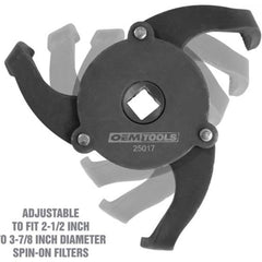 Oil Change Tools; Type: 3-Legged Spin-On Oil Filter Wrench; For Use With: Foreign/Domestic Auto & Light Truck Oil Filters; Minimum Diameter (Inch): 2.5 in; Maximum Diameter (Inch): 3.875 in; Number of Pieces: 1; Length (Decimal Inch): 5.60; Overall Length