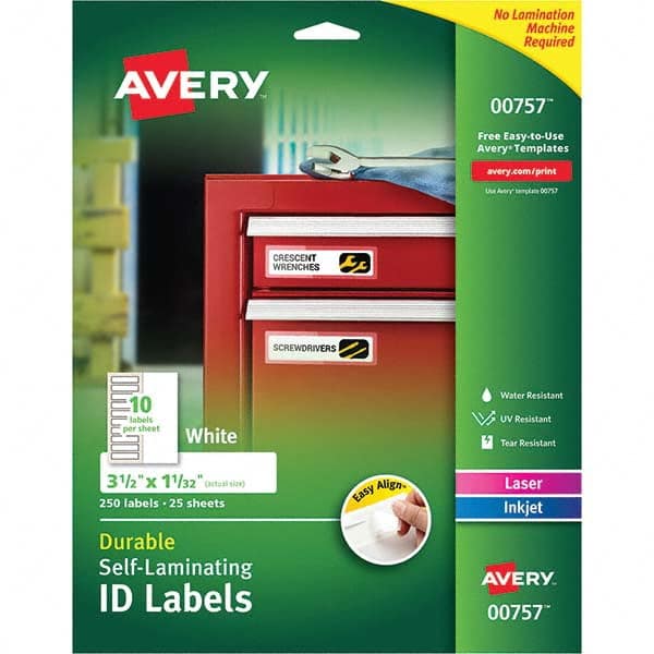 AVERY - Pack of (250), 1-1/32" x 3-1/2" White Paper Self Laminating Labels - A1 Tooling