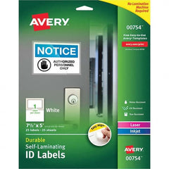 AVERY - Pack of (25), 5" x 7-1/2" White Paper Self Laminating Labels - A1 Tooling