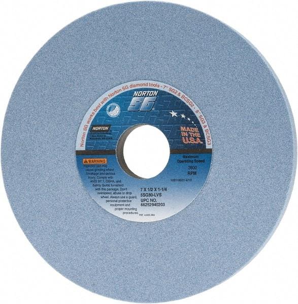 Norton - 7" Diam x 1-1/4" Hole x 1/2" Thick, L Hardness, 80 Grit Surface Grinding Wheel - Ceramic, Type 1, Medium Grade, 3,600 Max RPM, Vitrified Bond, No Recess - A1 Tooling