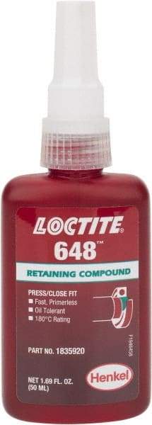 Loctite - 50 mL Bottle, Green, High Strength Liquid Retaining Compound - Series 648, 24 hr Full Cure Time, Heat Removal - A1 Tooling