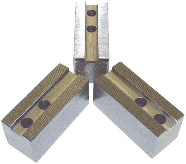 H & R Manufacturing - 24" Chuck Capacity, 3mm x 60° Serrated Attachment, Square Soft Lathe Chuck Jaw - 3 Jaws, Steel, 3.15" Btw Mount Hole Ctrs, 8-1/2" Long x 2-1/2" Wide x 2-1/2" High, 0.984" Groove, 20mm Fastener - A1 Tooling