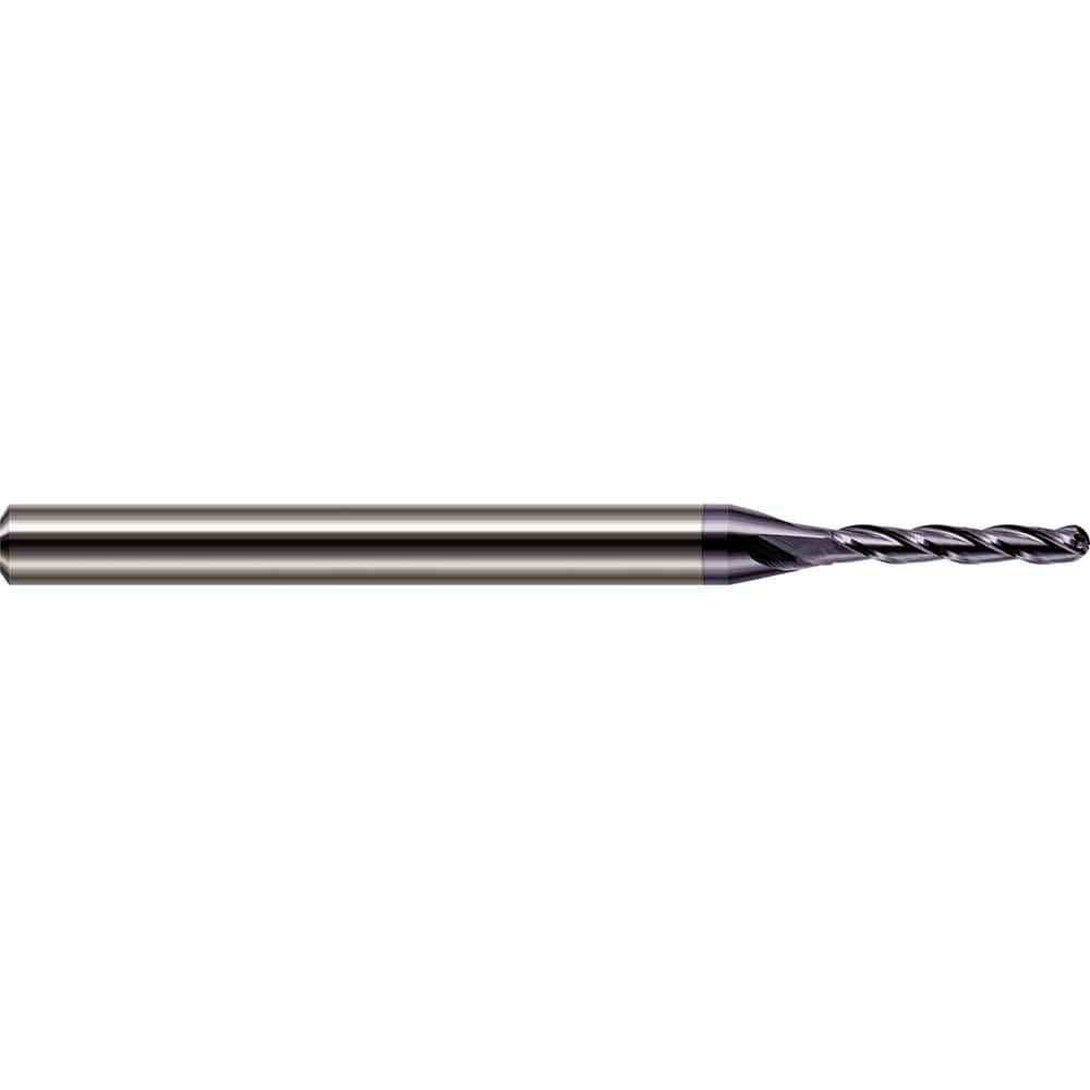 Ball End Mill: 0.03″ Dia, 3 Flute, Solid Carbide 2-1/2″ OAL, 1/8″ Shank Dia, 30 ° Helix, AlTiN Coated