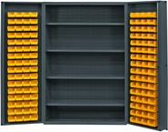 48"W - 14 Gauge - Lockable Cabinet - With 128 Yellow Hook-on Bins - 4 Adjustable Shelves - Deep Door Style - Gray - A1 Tooling