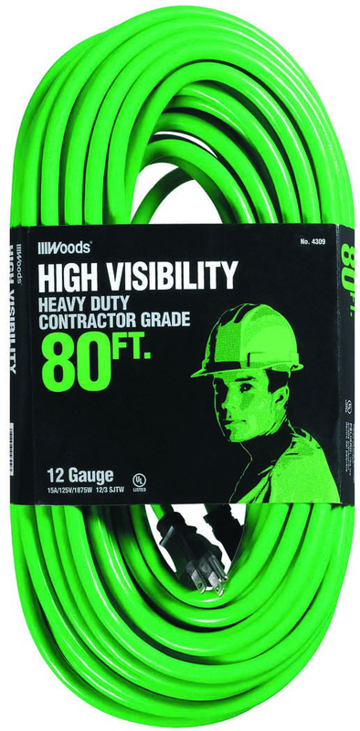 80' Ext. Cord Extra HD 1-Outlet- Neon High Visibility - A1 Tooling