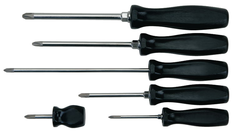 6 Piece - Phillips® Screwdriver Set - Includes: 6-1/4 #1; 7-5/16 #2; 12 #2; 10-1/2 #3; 10-3/4 #4; 3-1/2 #2 - A1 Tooling