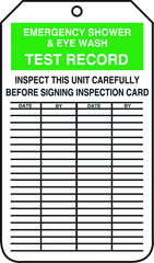Inspection Record Tag, Emergency Shower & Eye Wash Test Record, 25/Pk, Plastic - A1 Tooling
