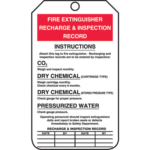 Fire Extinguisher Tag, Recharge & Inspection Record, 25/Pk, Cardstock - A1 Tooling