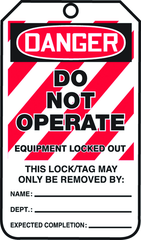 Lockout Tag, Danger Do Not Operate Equipment Locked Out, 25/Pk, Plastic - A1 Tooling