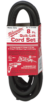 #48-76-4008 - Fits: Most Milwaukee 3-Wire Quik-Lok Cord Sets @ 8' - Replacement Cord - A1 Tooling