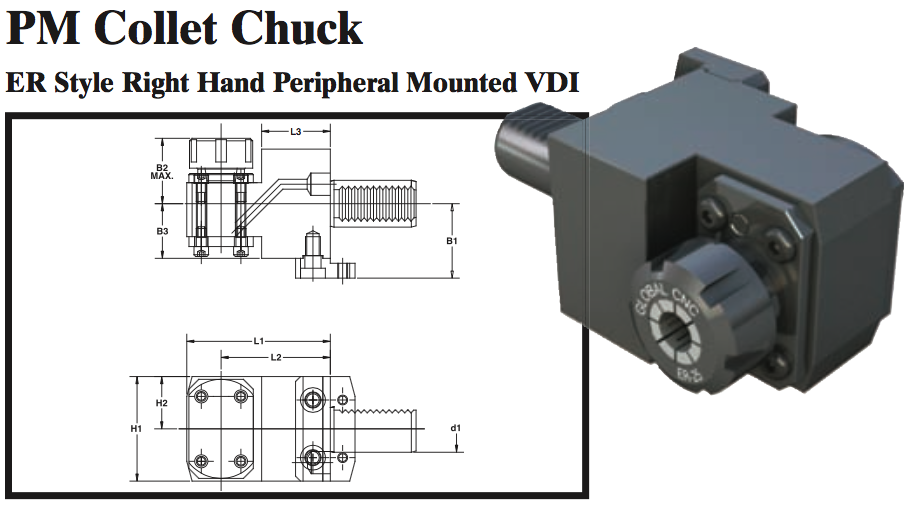 PM Collet Chuck (ER Style Right Hand Peripheral Mounted VDI) - Part #: PM53.4032ER - A1 Tooling