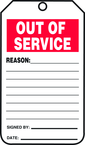 Status Record Tag, Out Of Service, 25/Pk, Plastic - A1 Tooling
