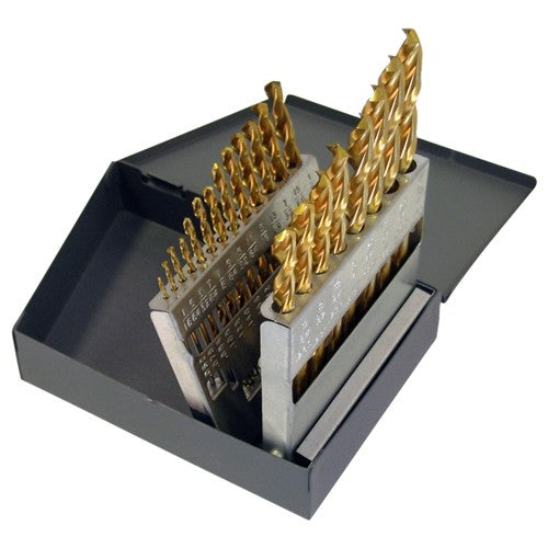 ‎1/16-3/8 RHS / RHC HSS 135 Degree Split Point Heavy Duty Parabolic Jobber Length Drill Set - TiN - Exact Industrial Supply