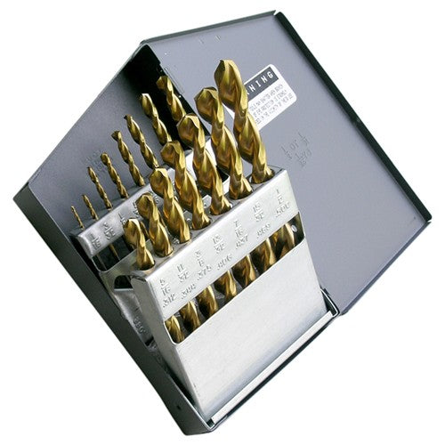 ‎1/16-1/2 RHS / RHC HSS 135 Degree Split Point Heavy Duty Parabolic Jobber Length Drill Set - TiN - Exact Industrial Supply