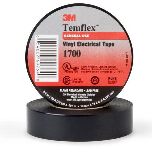 3M Temflex Vinyl Electrical Tape 1700 1″ × 66 ft Black 99 rolls/Case - A1 Tooling