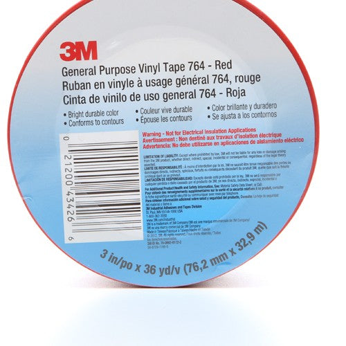 3M General Purpose Vinyl Tape 764 Red 3″ × 36 yd 5 mil Individually Wrapped Conveniently Packaged - A1 Tooling