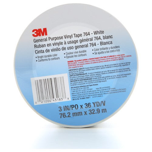 3M General Purpose Vinyl Tape 764 White 3″ × 36 yd 5 mil Individually Wrapped Conveniently Packaged - A1 Tooling